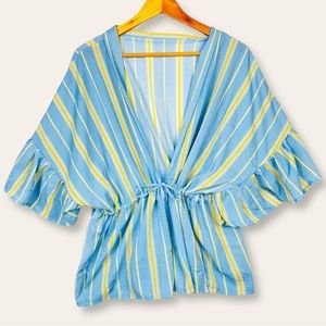 Boho V Neck Striped Flutter Short Sleeve Surplice Wrap Flowy Top Blue Yellow